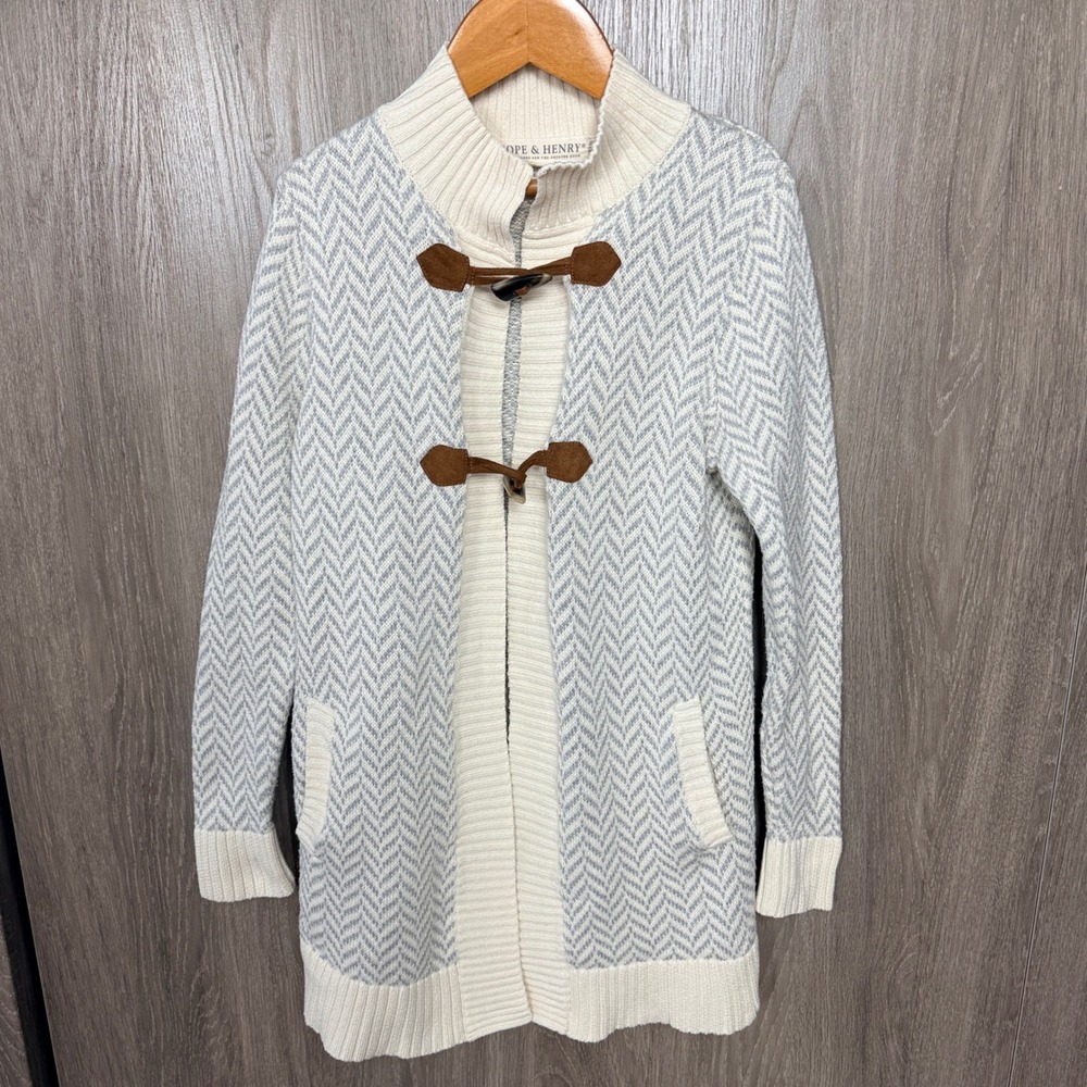 Hope & Henry Cardigan Girl Medium Grey Herringbone Toggle Organic Cotton Sweater